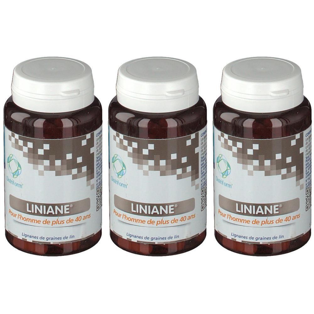 Trois flacons Liniane dans des contenants bruns avec des bouchons blancs. L'étiquette indique le nom du produit et des informations.