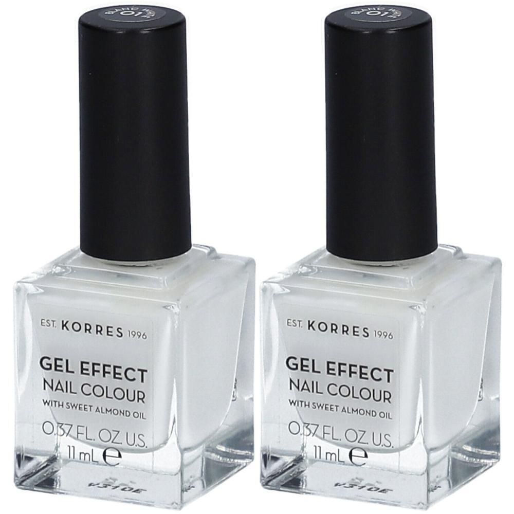 Twee flessen witte gel-effect nagellak van Korres met zwarte dop. 11ml.
