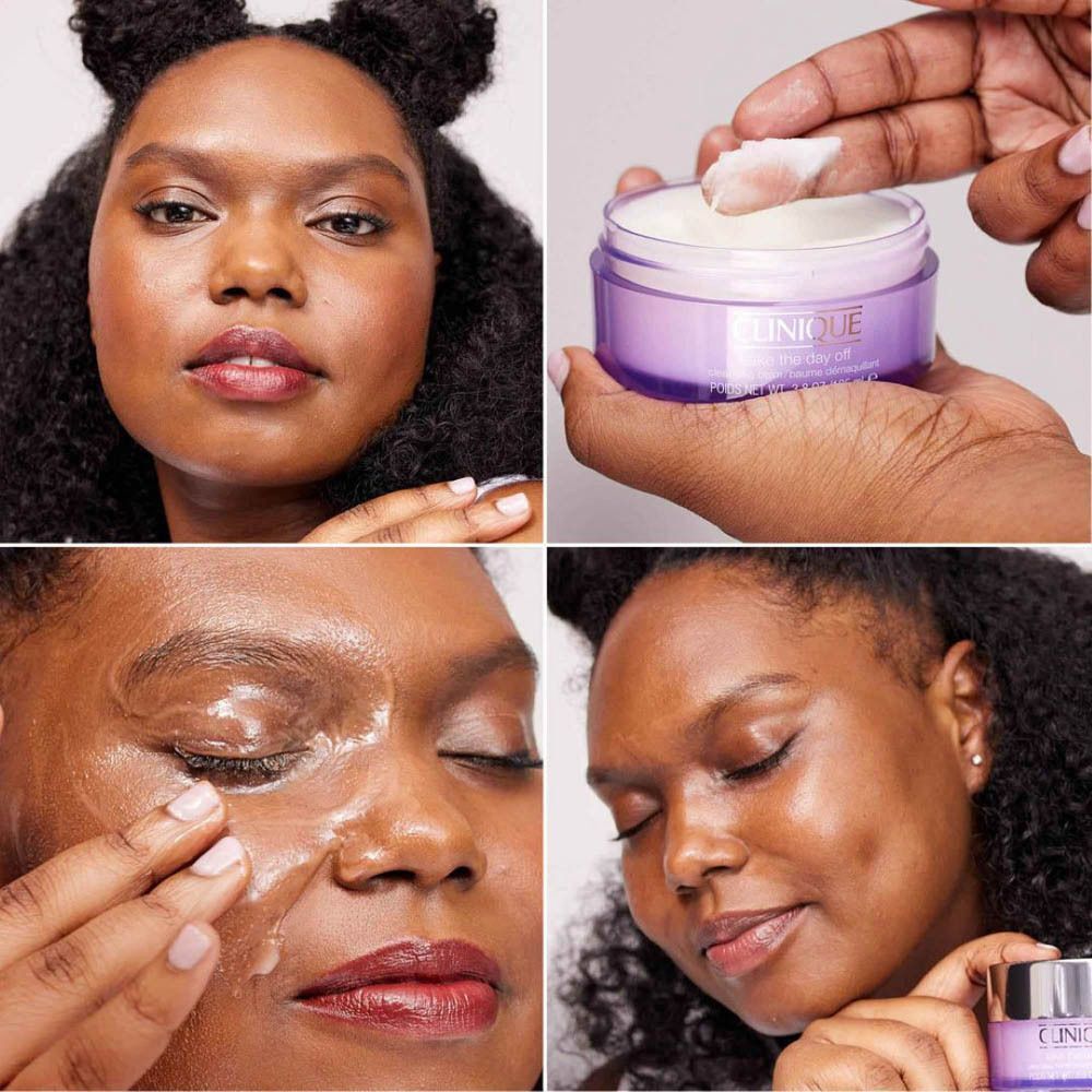 Collage en quatre parties : femme maquillée, main avec produit, femme se nettoyant le visage, femme au visage propre.