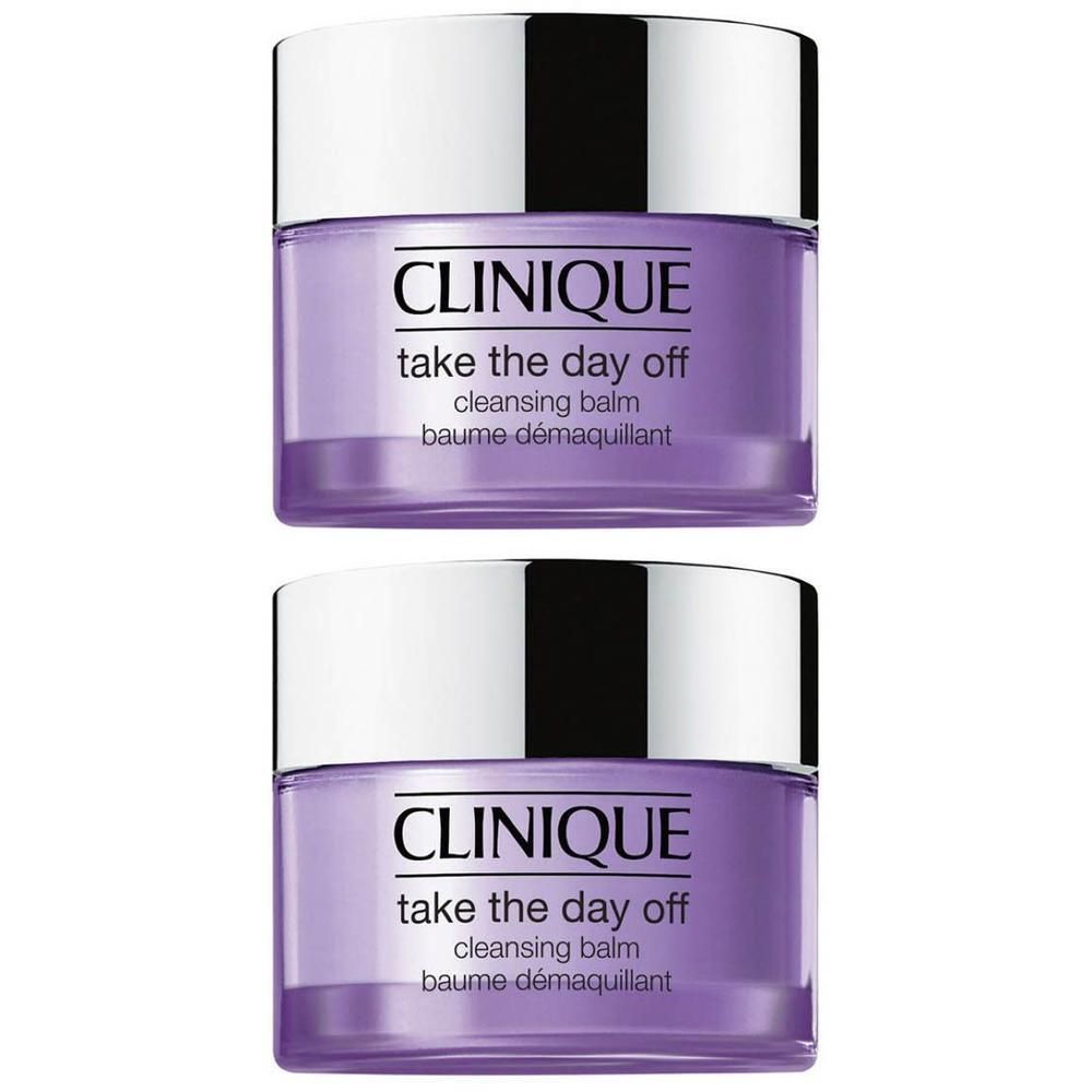 Twee Clinique Take The Day Off reinigingsbalsem potjes met zilveren deksels.