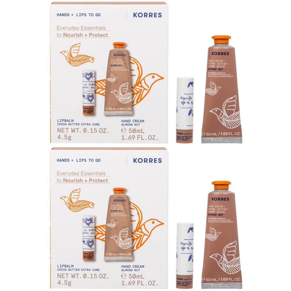 Twee Korres geschenksets met elk een handcrème (50ml) en een lippenbalsem (4,5g).