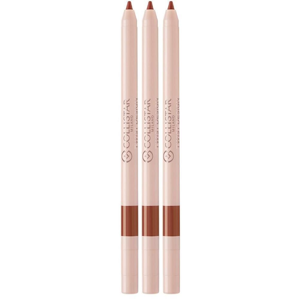 Trois crayons à lèvres Terracotta avec corps rose pâle et pointe marron.