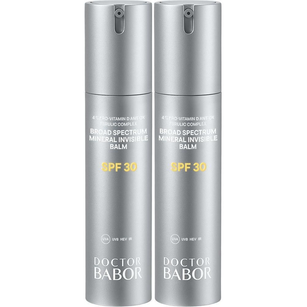 Deux flacons pompe argentés de Babor Baume Minéral Invisible SPF 30.