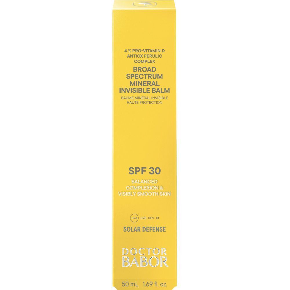 Emballage jaune pour Babor Baume Minéral Invisible SPF 30, 50 ml.