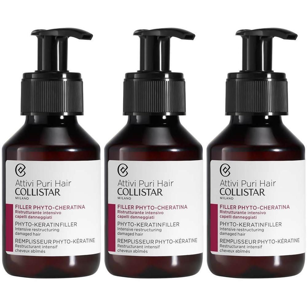 Trois flacons Collistar Attivi Puri Hair Filler Phyto-Kératine avec distributeurs à pompe.