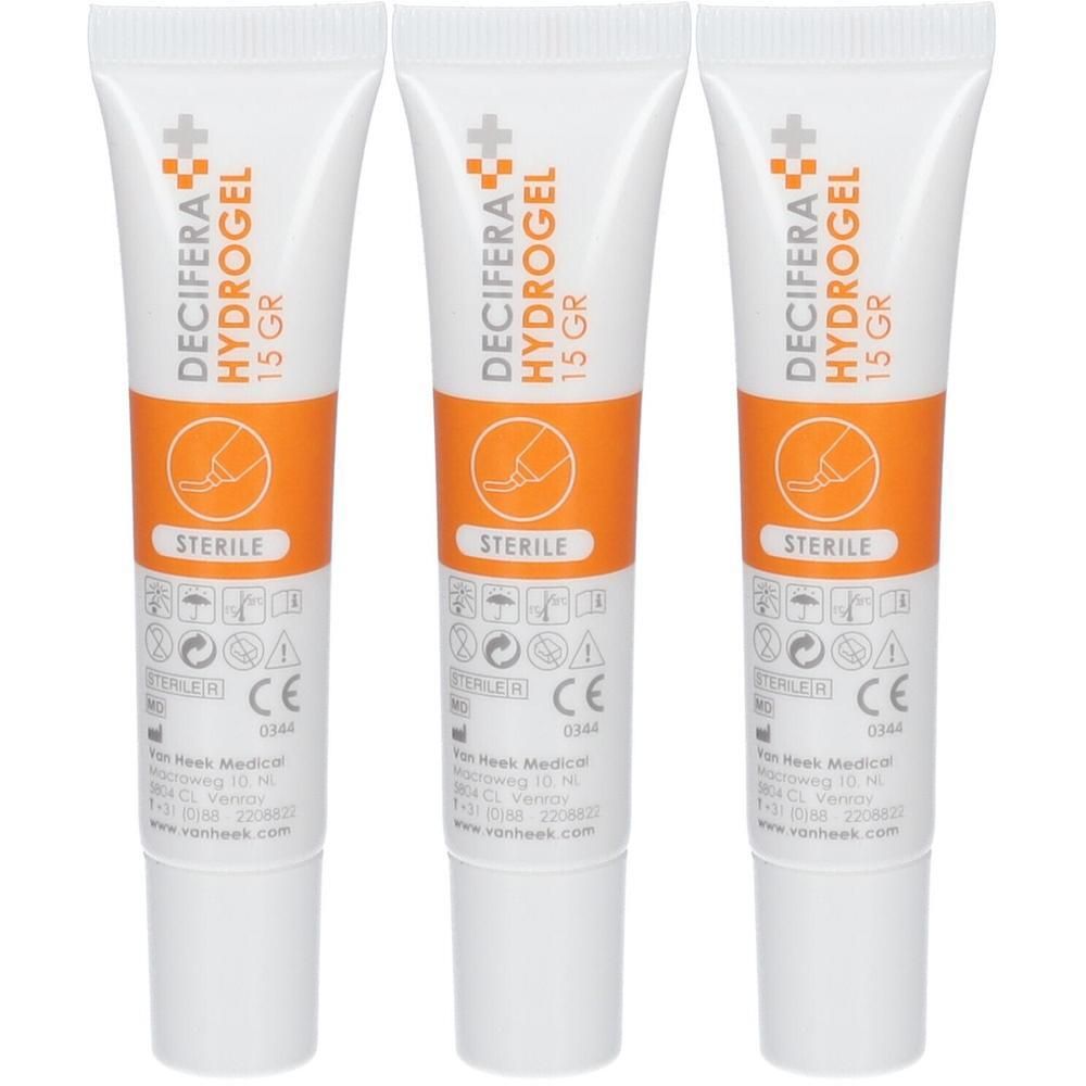 Trois tubes stériles de Decifera Hydrogel, 15g chacun. Tubes blancs avec étiquette orange et informations produit.