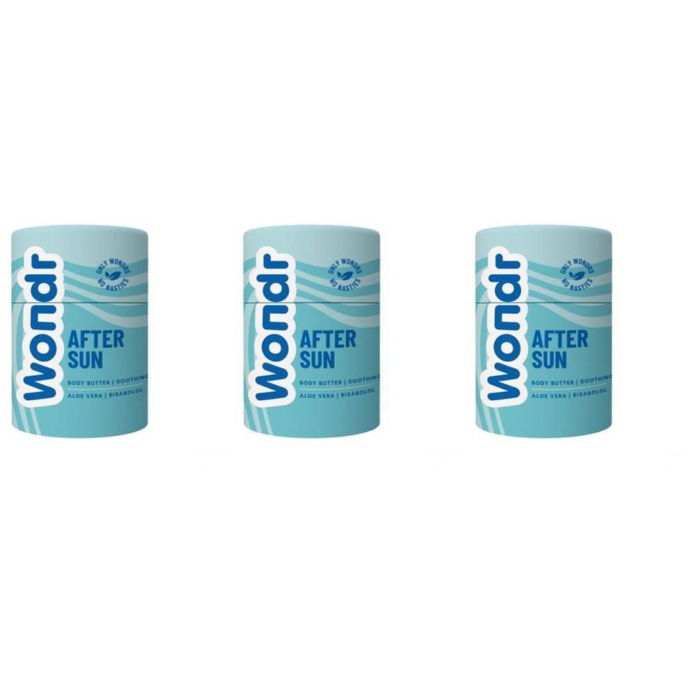 Drie lichtblauwe Wondr After Sun Body Butter potten met witte belettering.