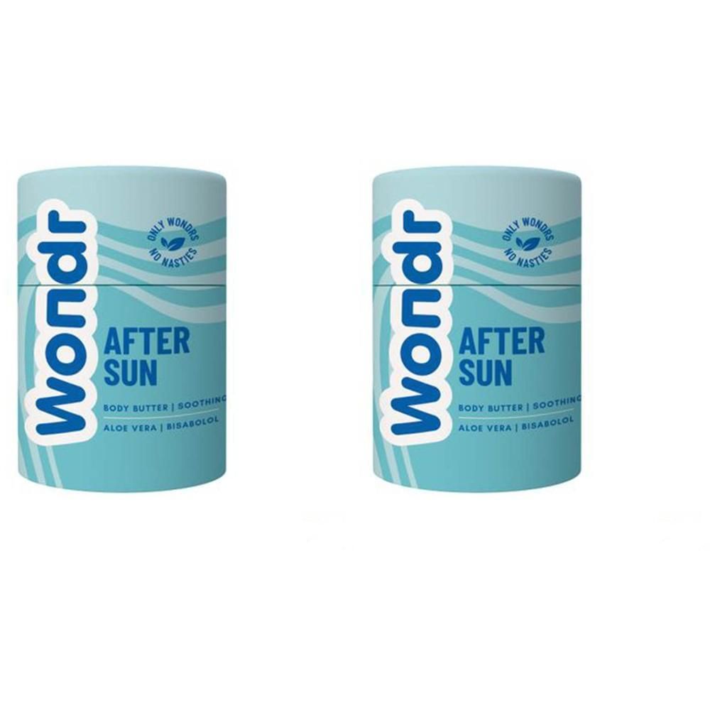 Twee Wondr After Sun Body Butter potten met golvend patroon en tekst. "After Sun", "Body Butter", "Soothing", "Aloe Vera", "Bisabolol".