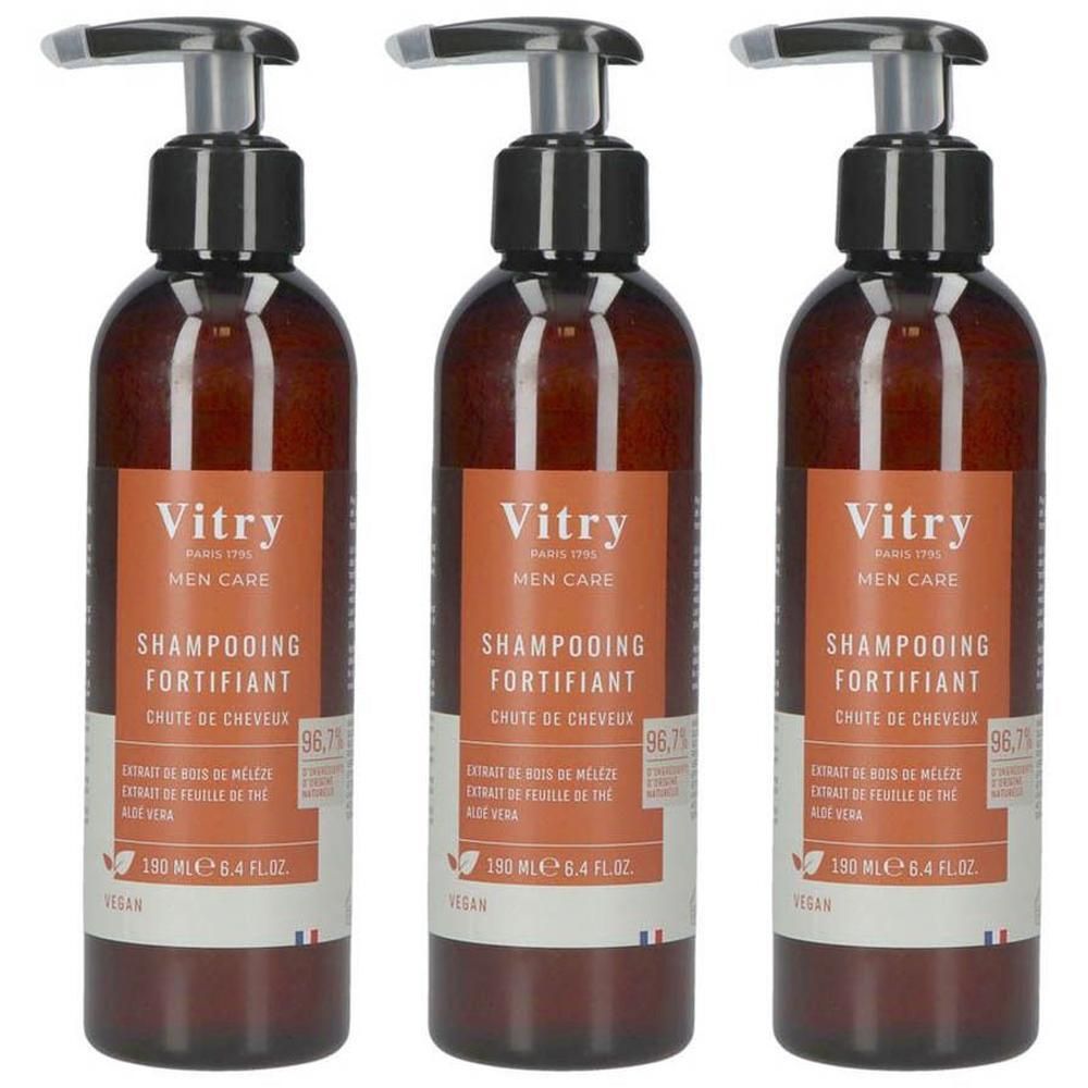 Drie flessen Vitry Men Care Versterkende shampoo tegen haaruitval, 190 ml.