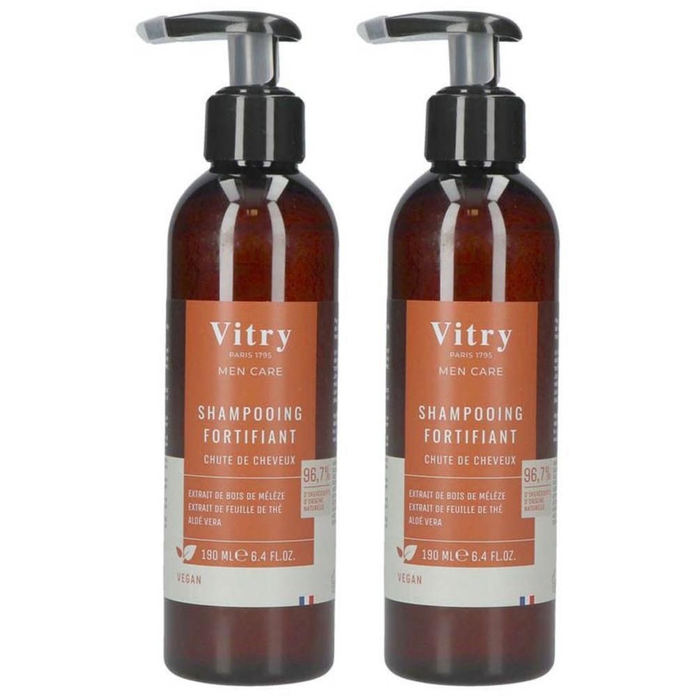 Deux flacons de shampooing fortifiant Vitry Men Care contre la chute des cheveux, 150 ml.