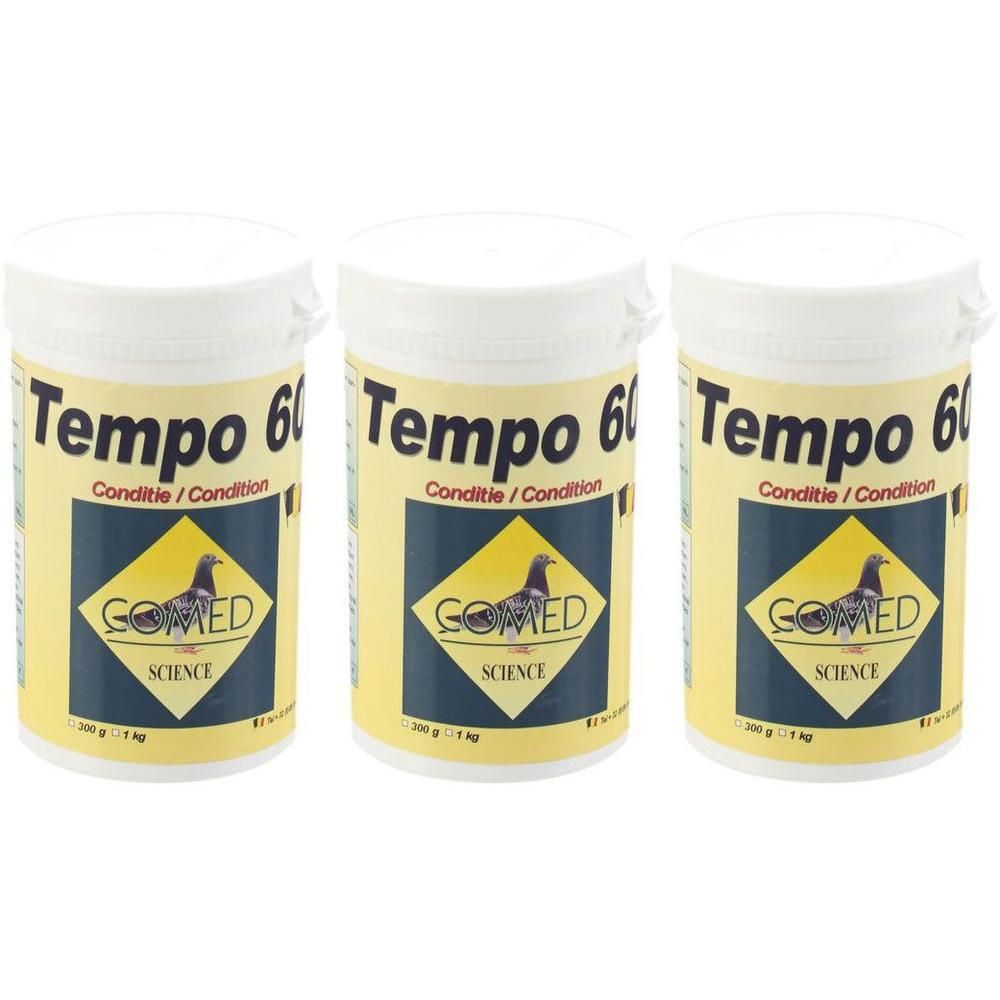 Trois contenants Tempo 60 pour pigeons. Étiquette jaune avec pigeon et "GOMED SCIENCE".