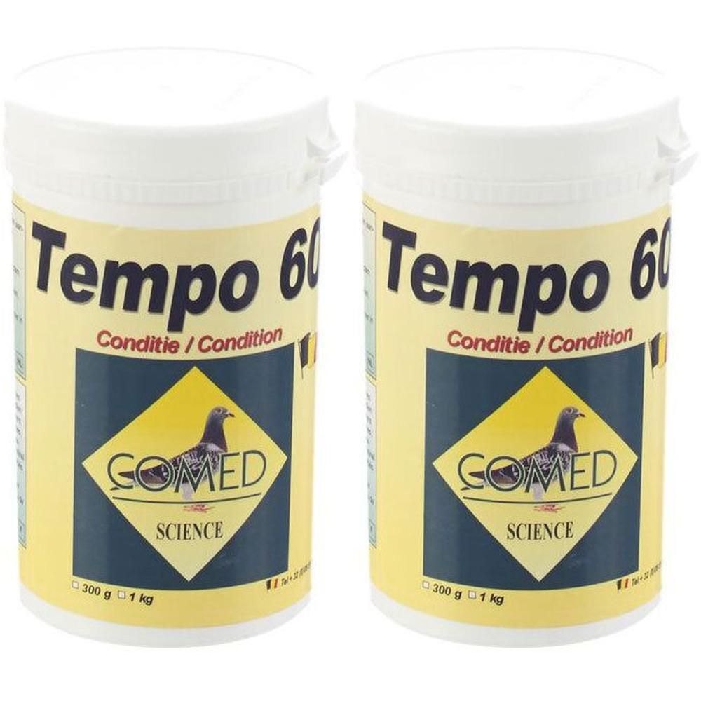 Deux pots Tempo 60 pour pigeons. Étiquette jaune avec pigeon et "COMED SCIENCE".
