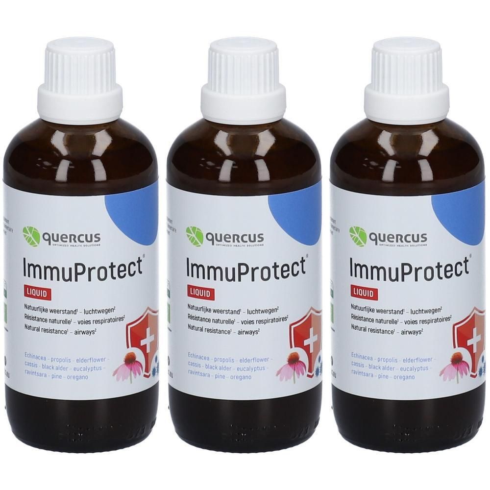 Drie flessen Quercus ImmuProtect Liquid met etiketten die een schild met een kruis en een bloem tonen.