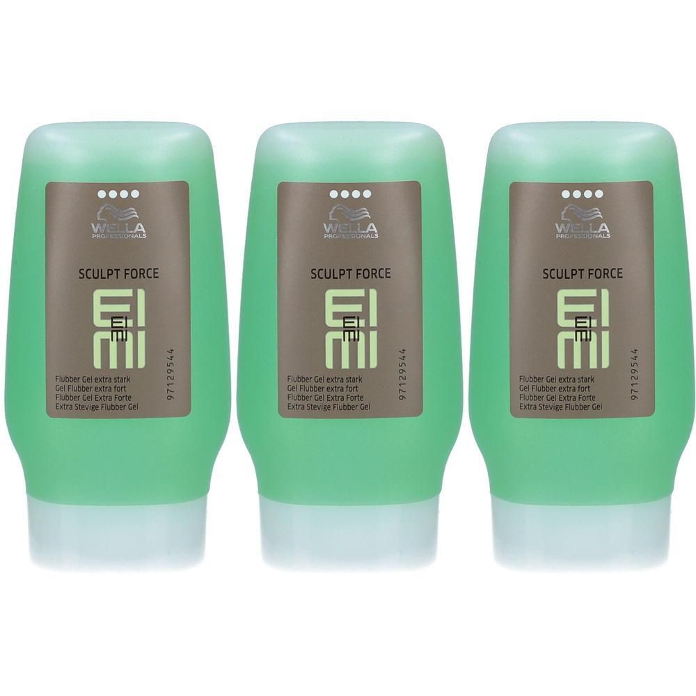 Drie groene flessen Wella Sculpt Force gel met etiketten waarop merk en productnaam staan.