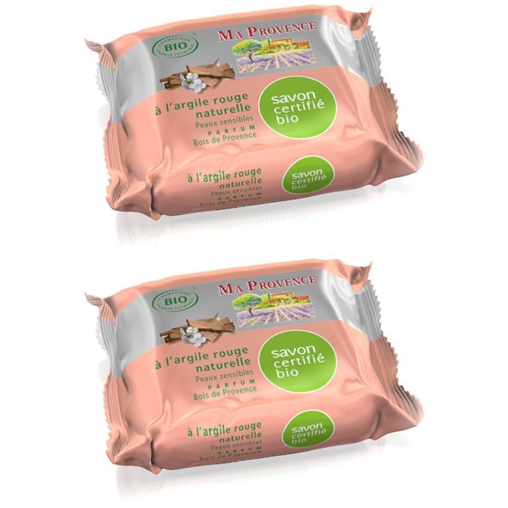 Twee pakken Ma Provence zeep met rode bio-klei. Opschrift "Savon Certifié Bio".