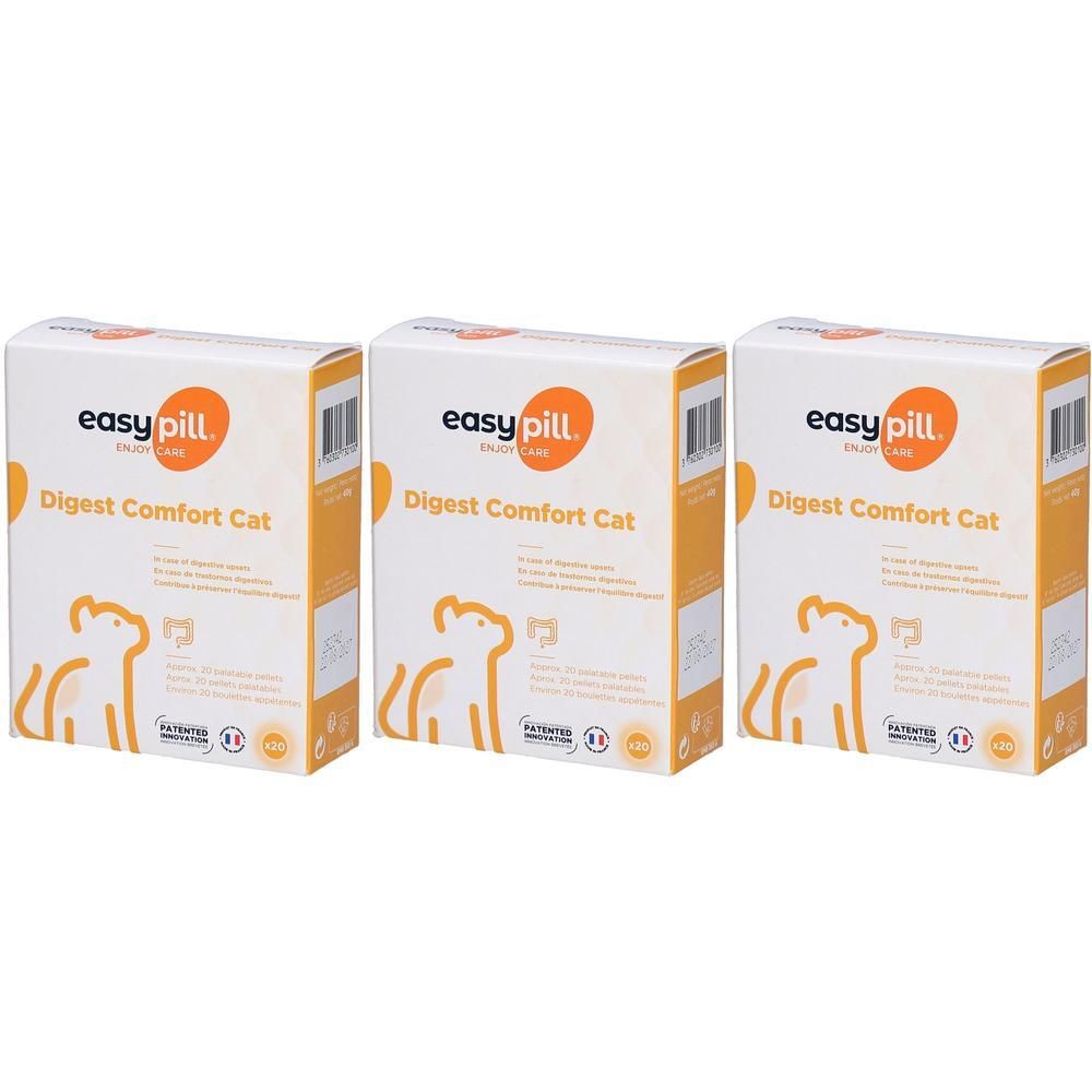 Drie verpakkingen Easypill Digest Comfort Cat voor katten. Oranje-witte verpakking met kattenafbeelding.