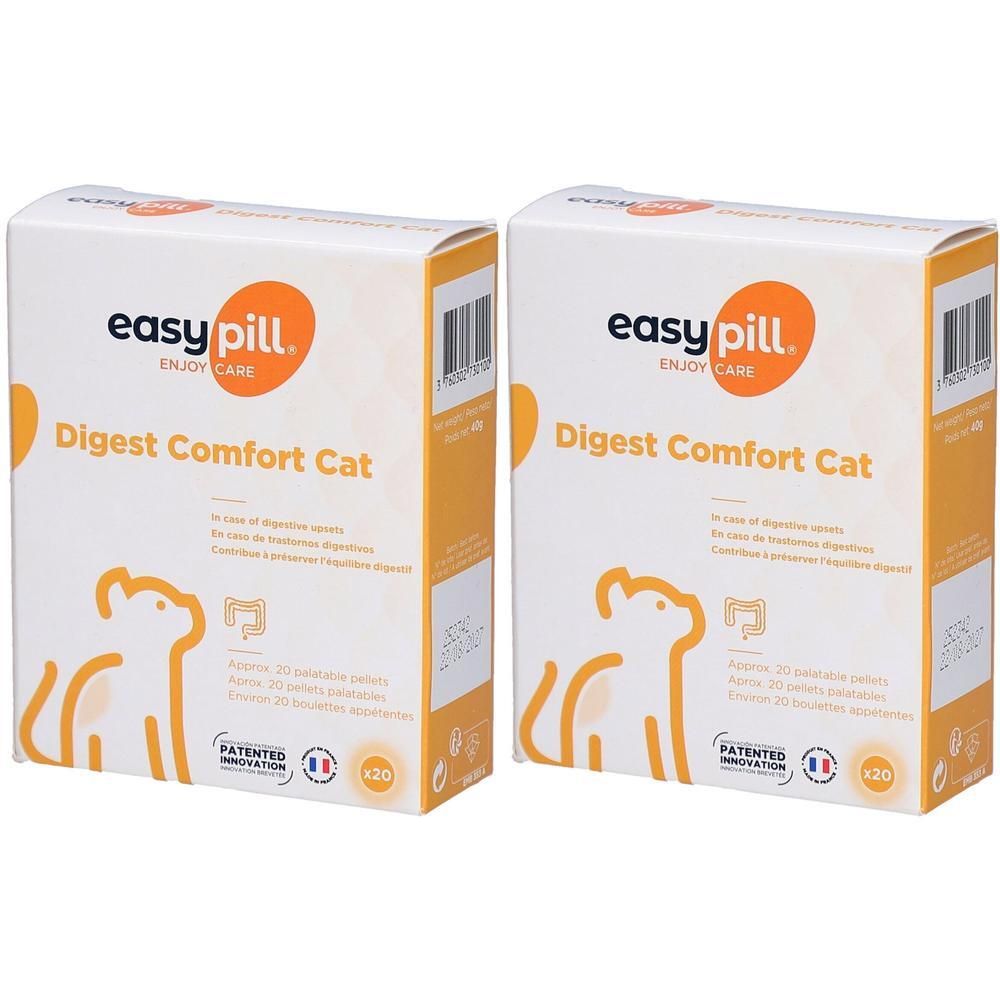 Deux boîtes Easypill Digest Comfort Cat, contenant chacune 20 comprimés.