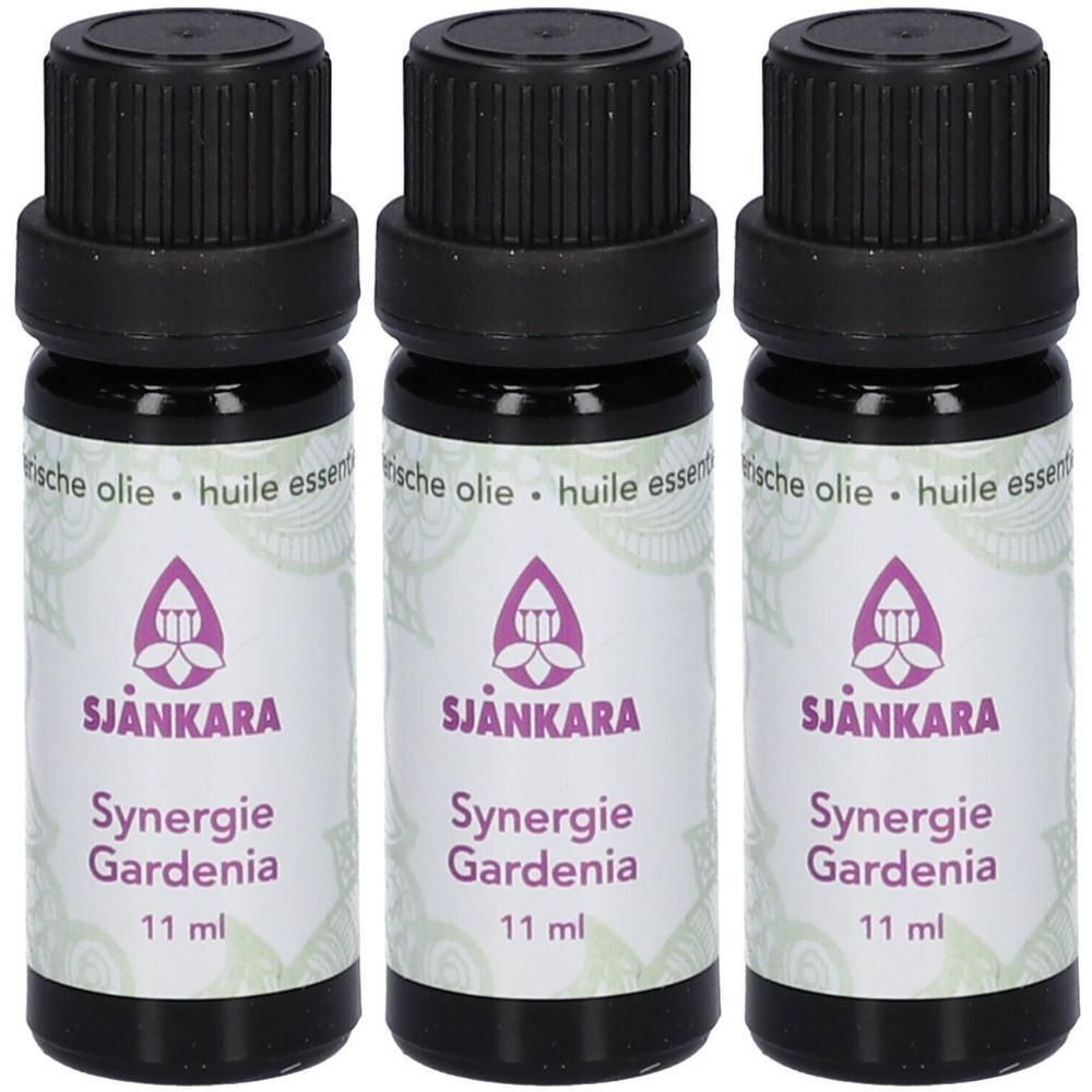 Drie flesjes Sjankara Synergie Gardenia etherische olie, elk 11 ml.