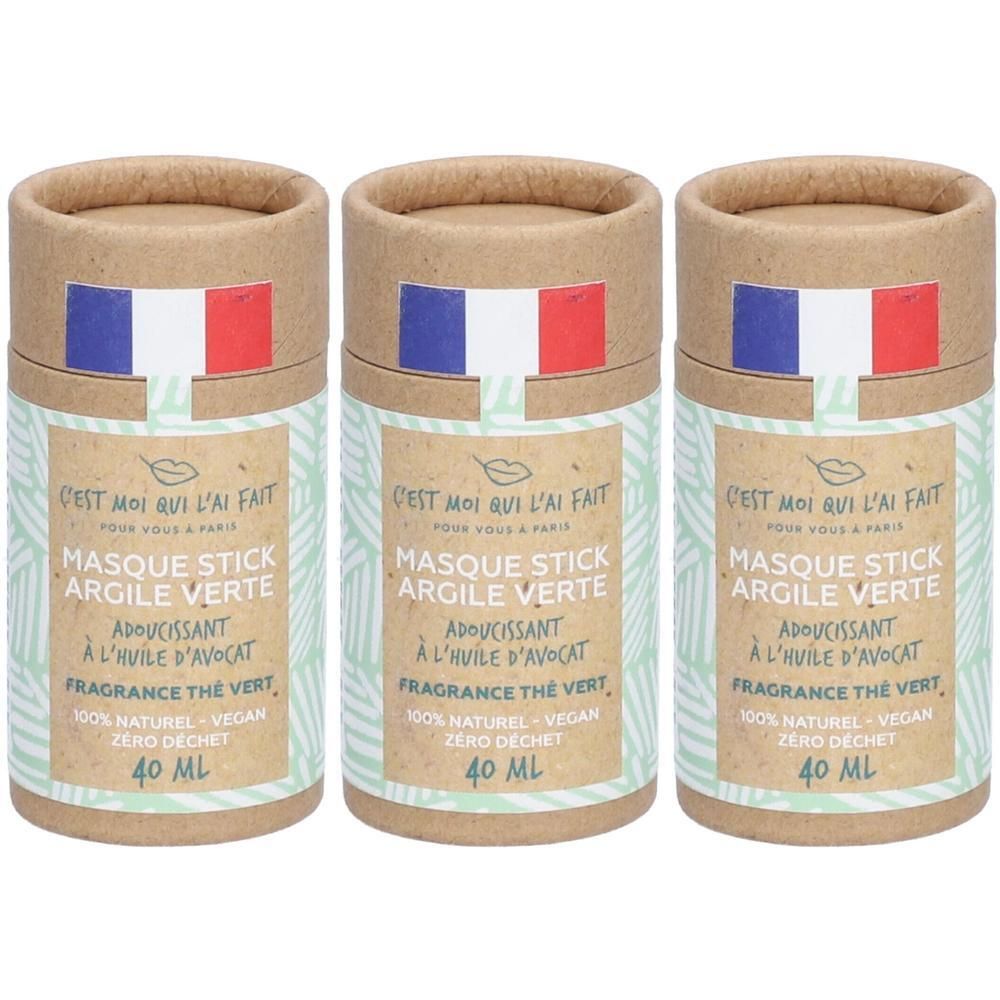 Trois sticks de masque à l'argile verte et à l'huile d'avocat, 40 ml.