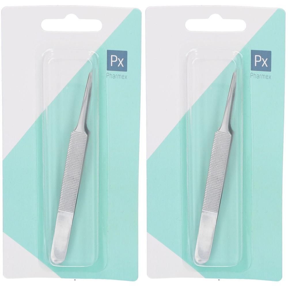 Deux pincettes Pharmex en acier inoxydable, présentées en blister.