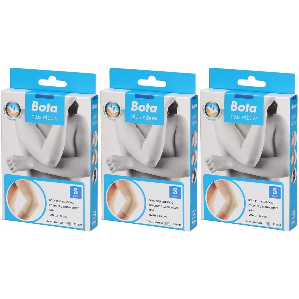 Drie verpakkingen Bota Plus elleboogbrace maat S. De verpakking toont een armillustratie.