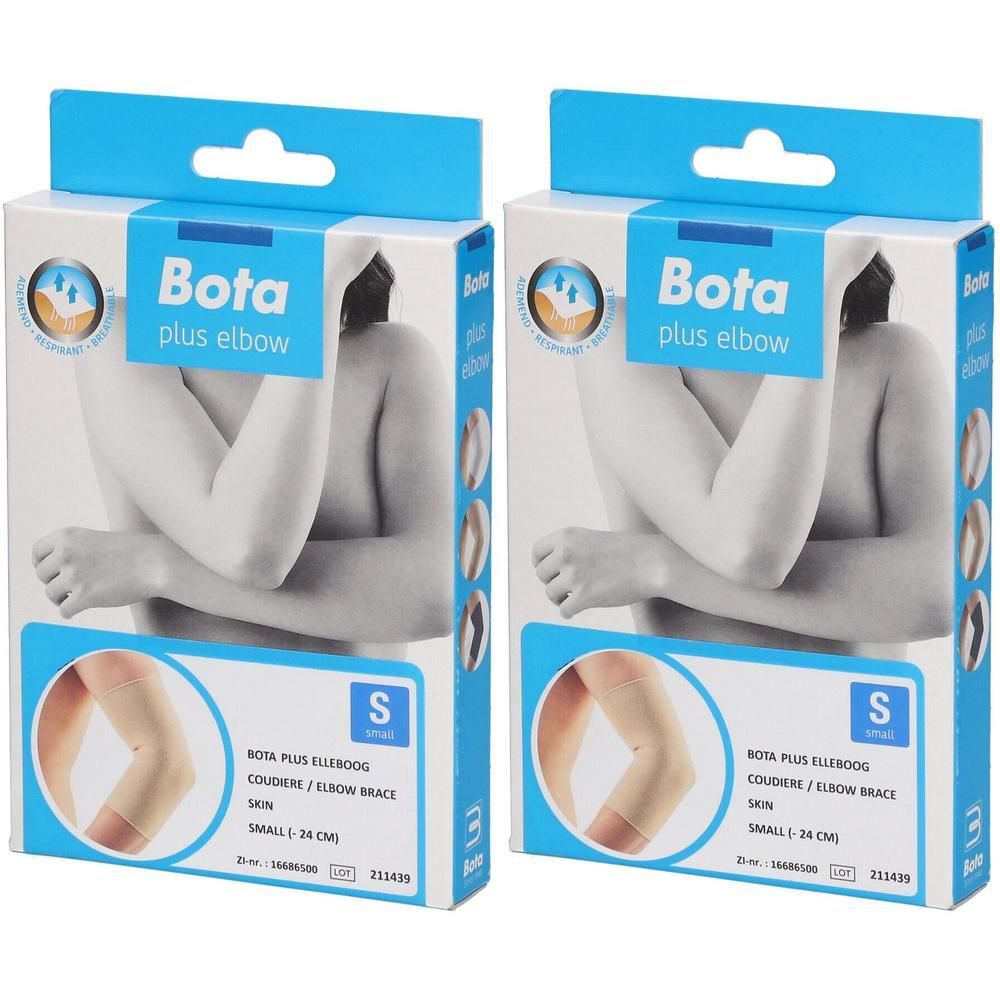Twee verpakkingen Bota Plus elleboogbrace, maat S, huidskleur.