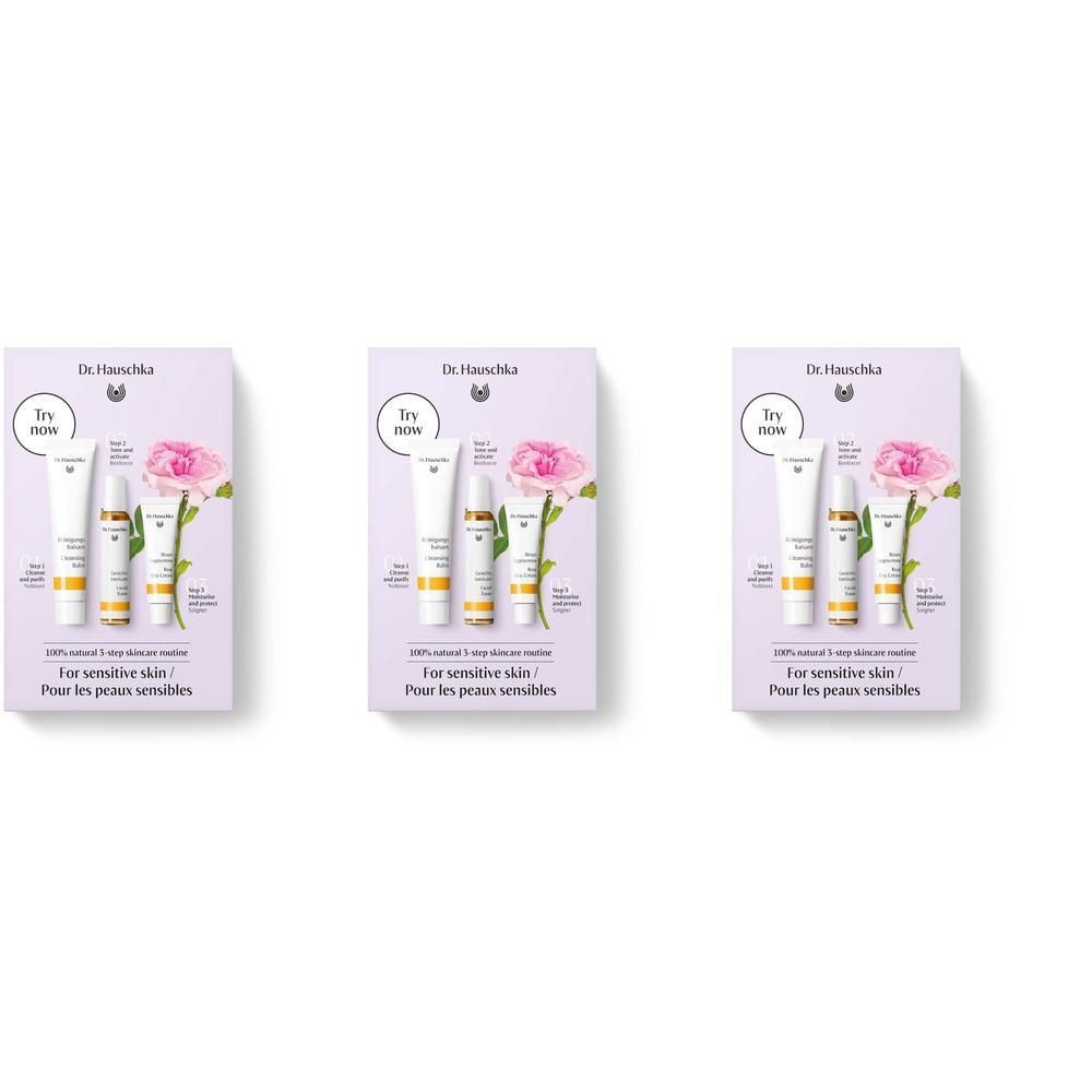 Kit Dr. Hauschka Rose : Trois petits tubes et flacons avec motif de rose. Pour peaux sensibles.