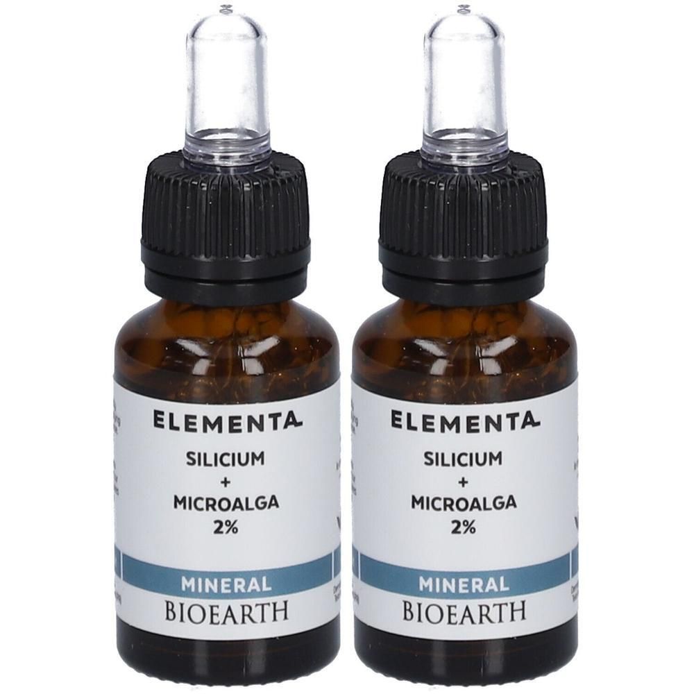 Twee flesjes Elementa Silicium + Microalgen 2% Mineral Bioearth met druppeldop.