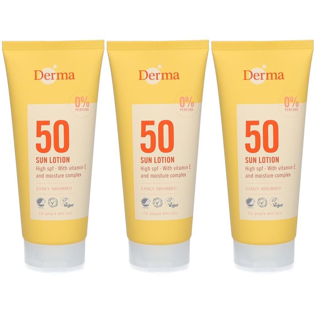 Drie tubes Derma Zonnebrandcrème SPF 50 met vitamine E en vochtinbrengende complex. Parfuumvrij.