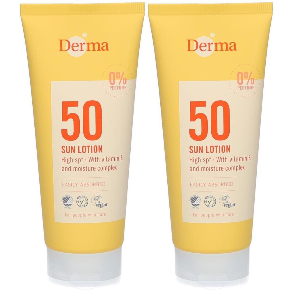 Twee tubes Derma Sun Lotion SPF 50, parfumvrij, met vitamine E en vochtinbrengende complex.
