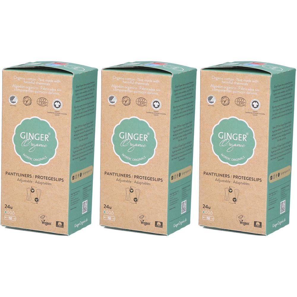 Drie pakken Ginger Organic inlegkruisjes, 24 stuks per pak. Van biologisch katoen.