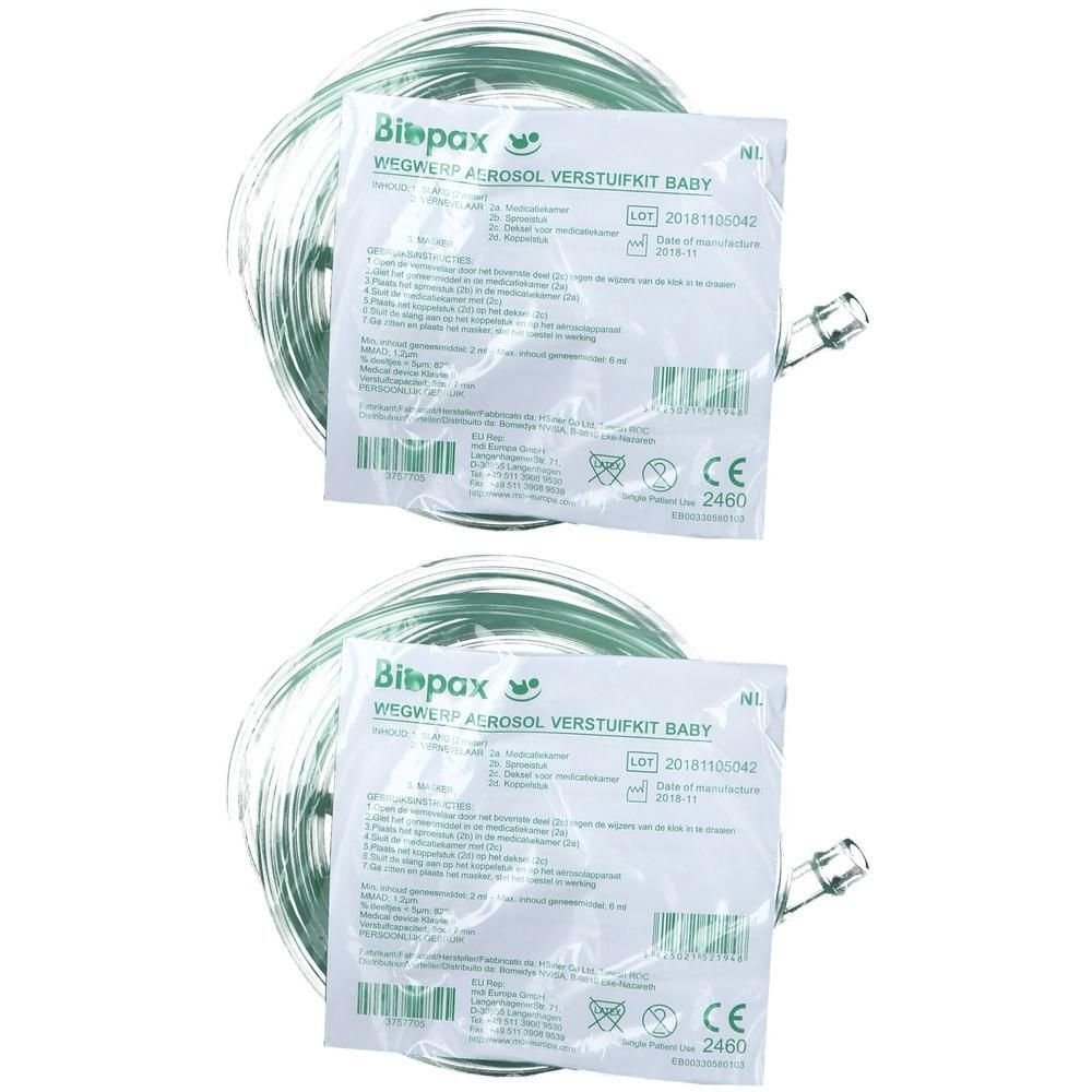 Deux kits aérosol jetables pour bébé, emballés stérilement, avec tuyaux et marquage CE.