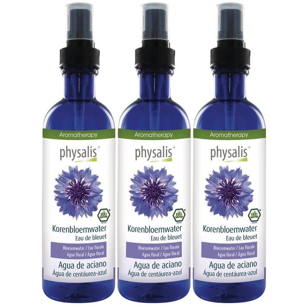 Trois flacons pulvérisateurs bleus avec Physalis Eau de bleuet et motif de bleuet.