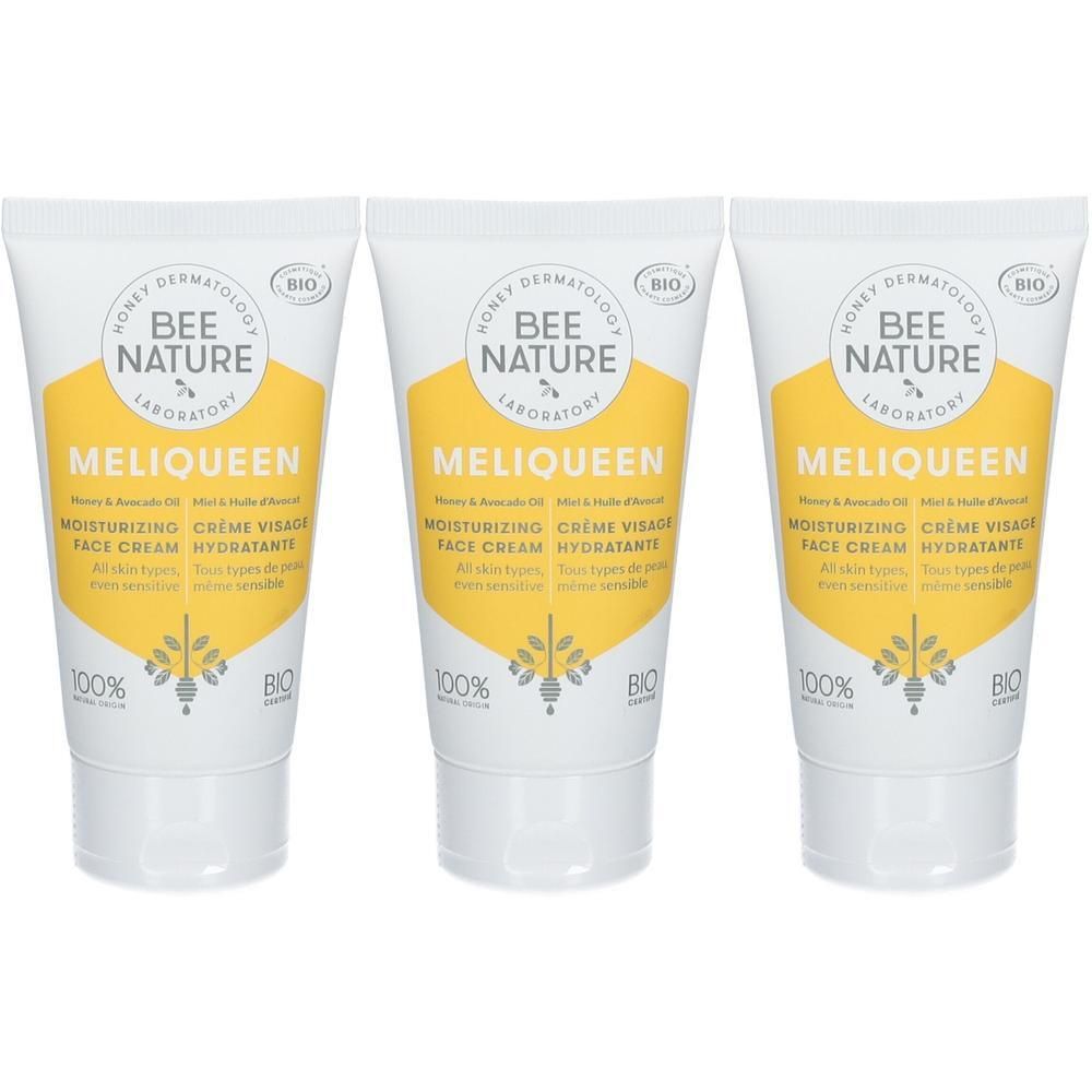 Drie tubes BEE NATURE Meliqueen hydraterende gezichtscrème met honing & avocado-olie.