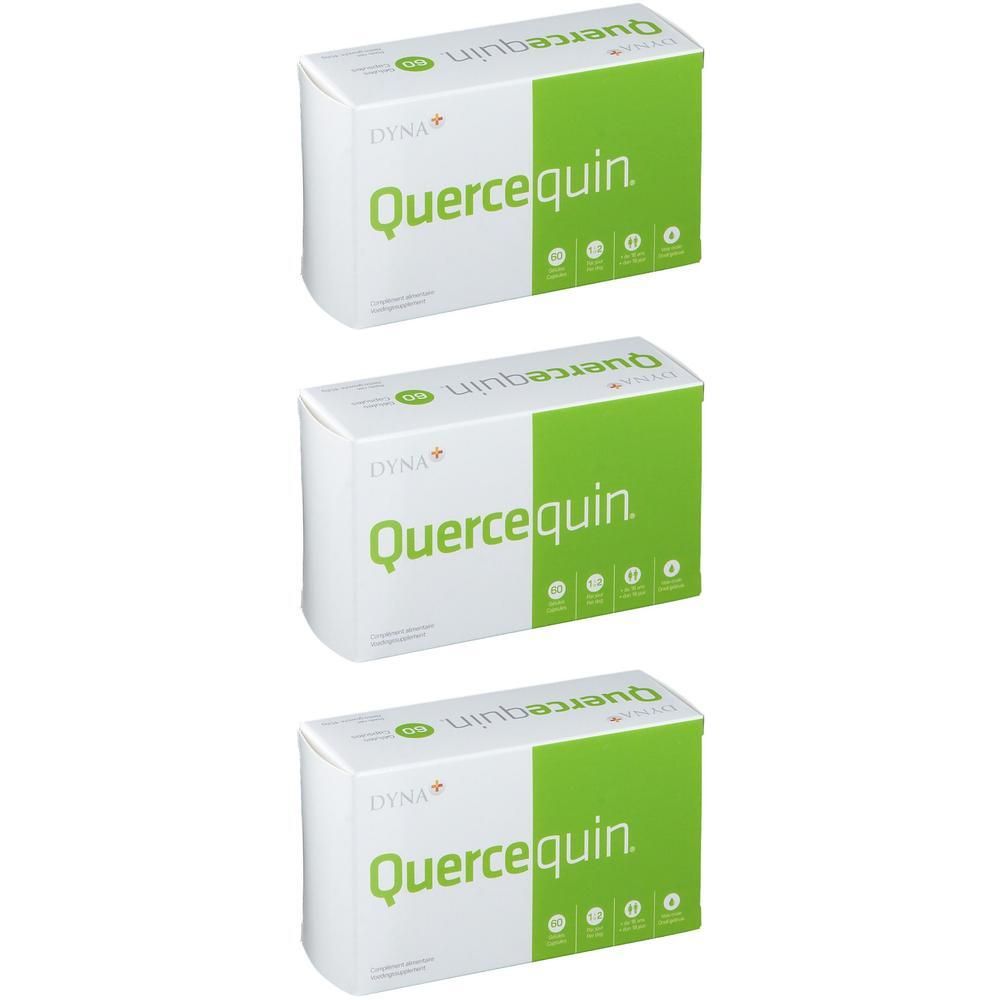 Drie pakken Dyna+ Quercequin met groene en witte verpakking.