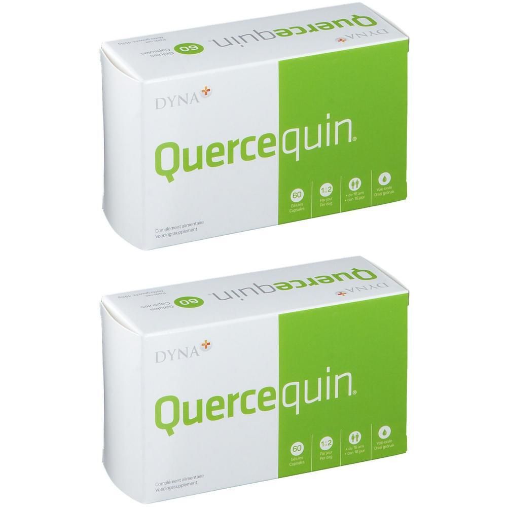 Twee dozen Dyna+ Quercequin met groene en witte etiketten. Bevat 60 capsules.