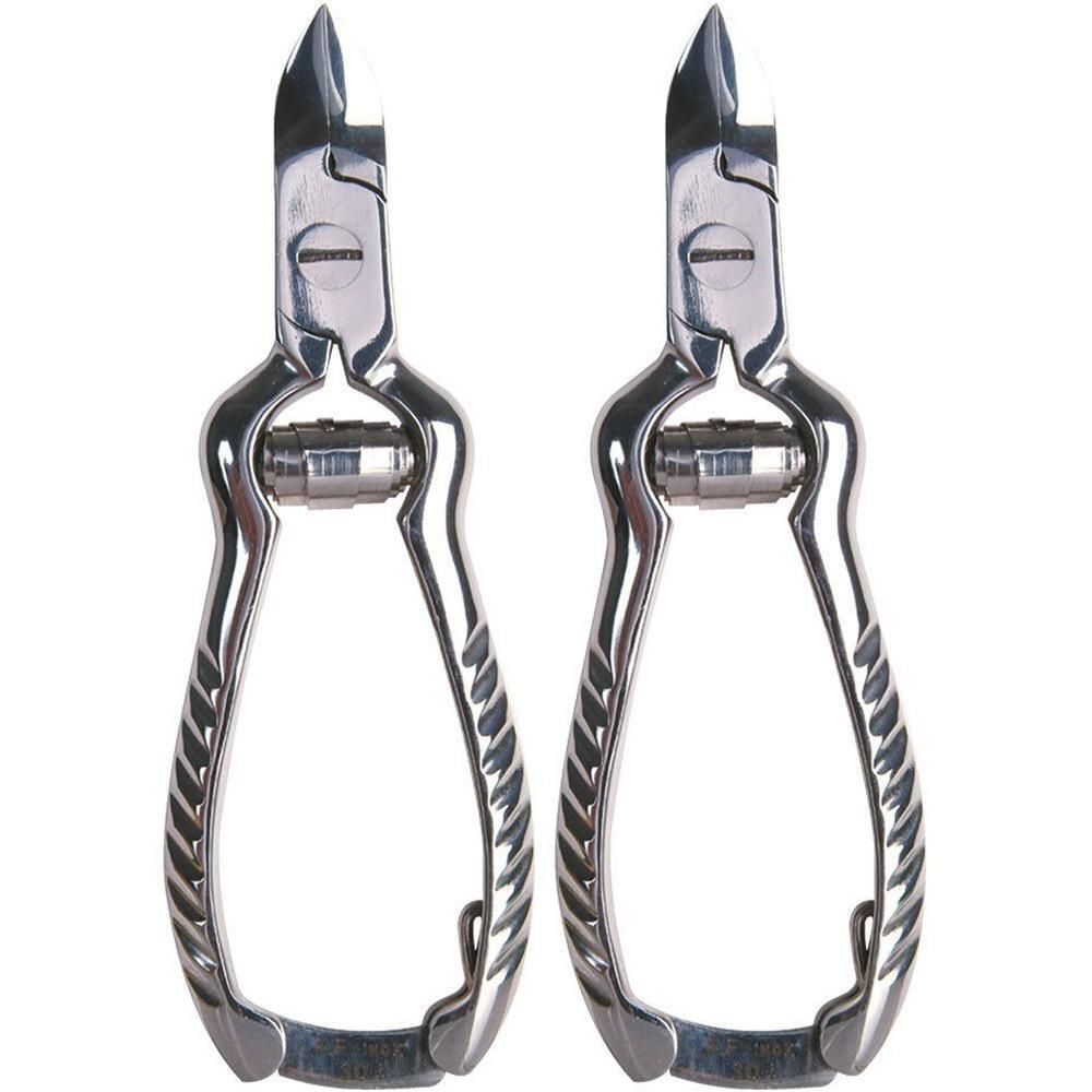 Deux coupe-ongles en acier inoxydable avec poignées striées et lames tranchantes.