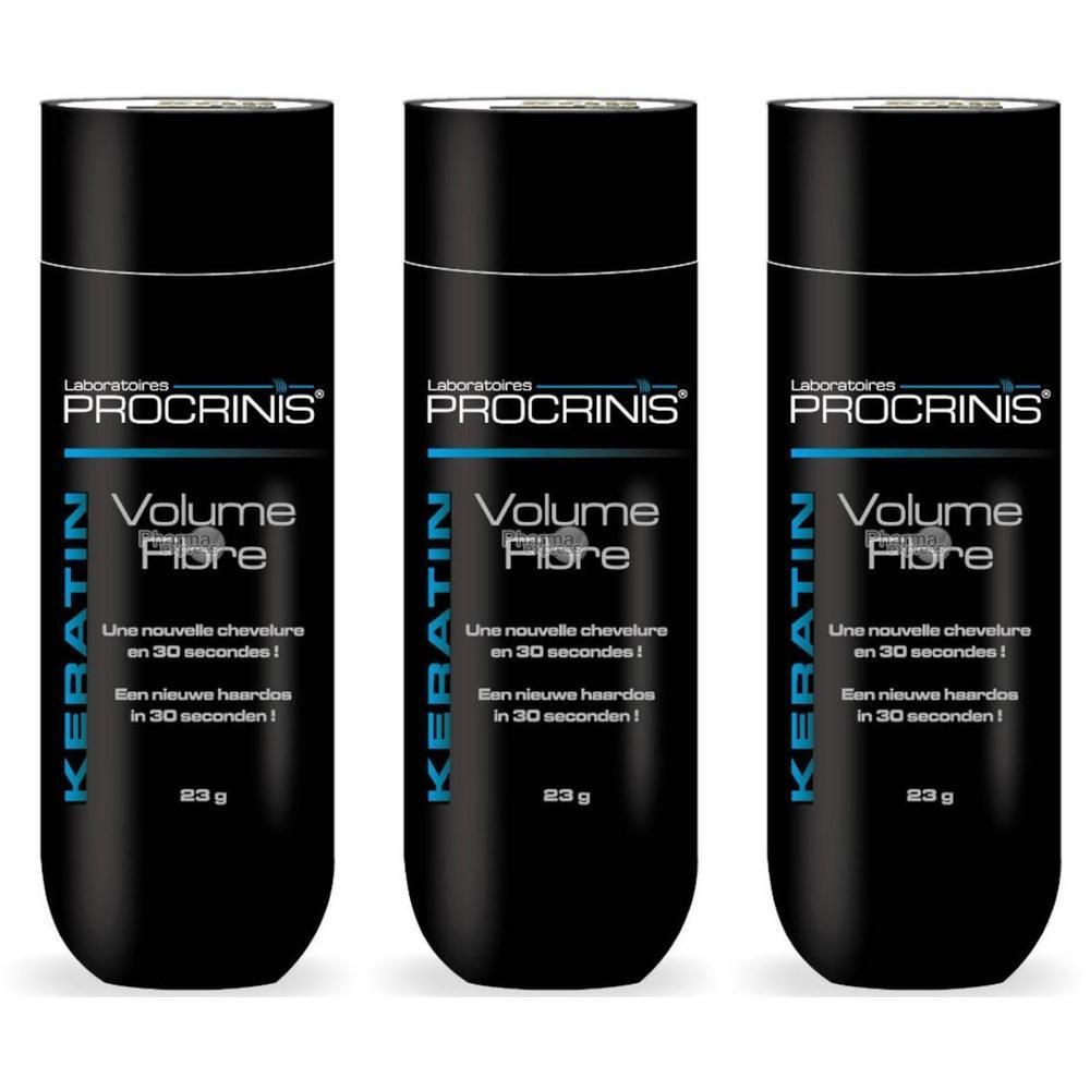 Trois flacons noirs de Procrinis Volume Fibre Kératine, 23g.
