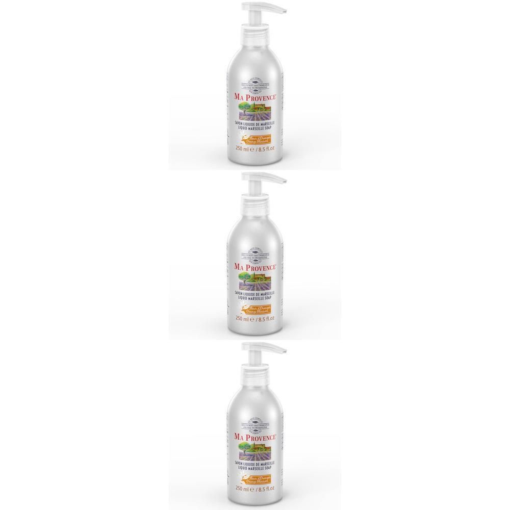 Trois flacons pompe argentés de savon liquide, parfum Fleur d'Oranger.