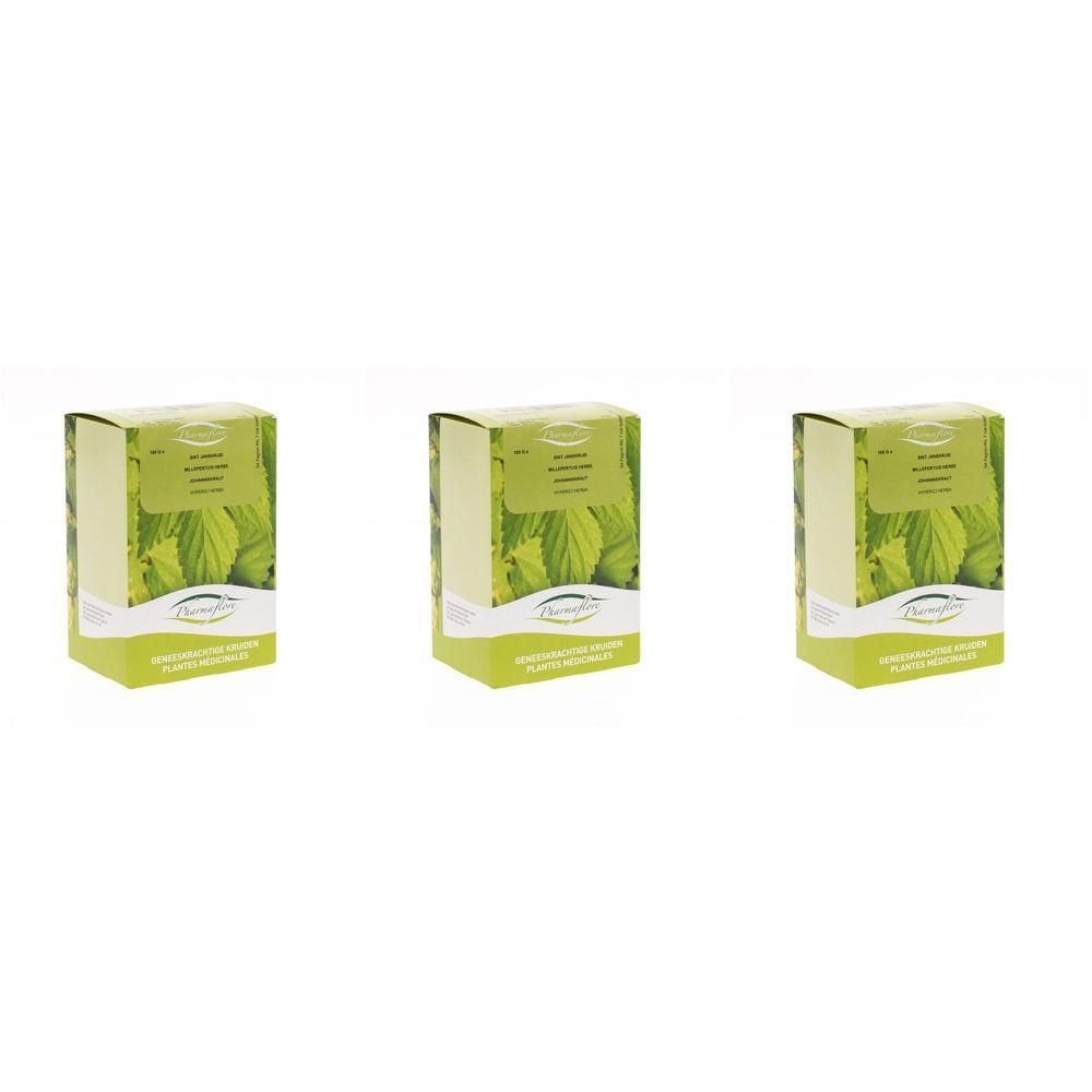 Drie groene doosjes met bladerenmotief, met Pharmaflore Millepertuis.