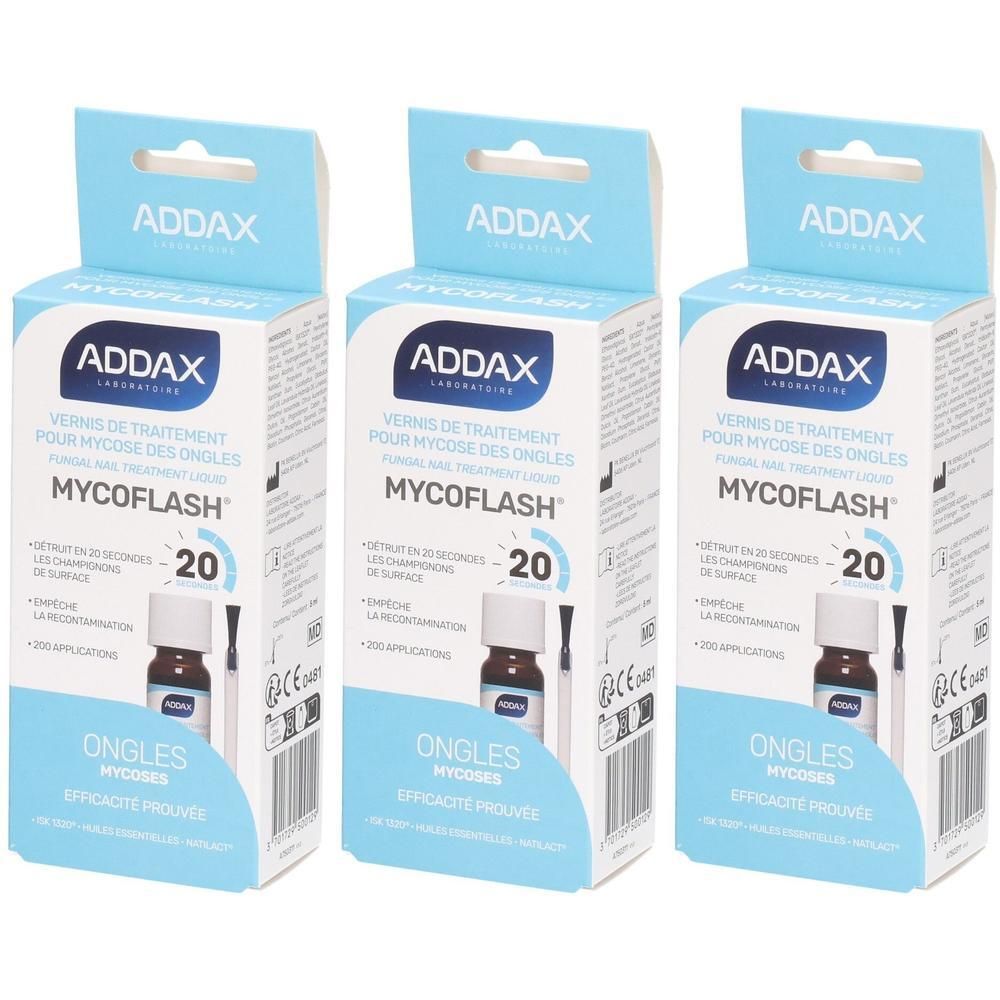 Drie verpakkingen ADDAX Mycoflash nagellak voor de behandeling van schimmelnagels. Bevat flesje en applicator.