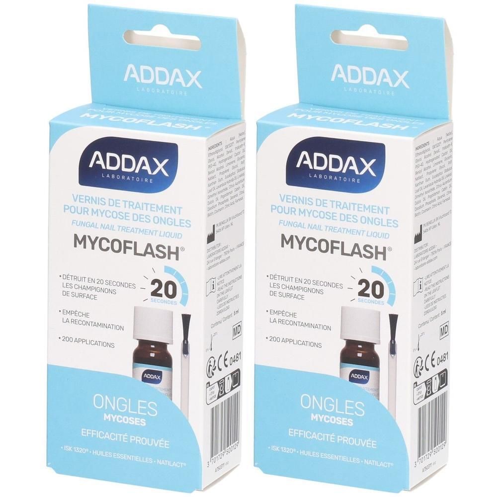 Twee ADDAX Mycoflash nagellak behandelingsflessen met applicators.
