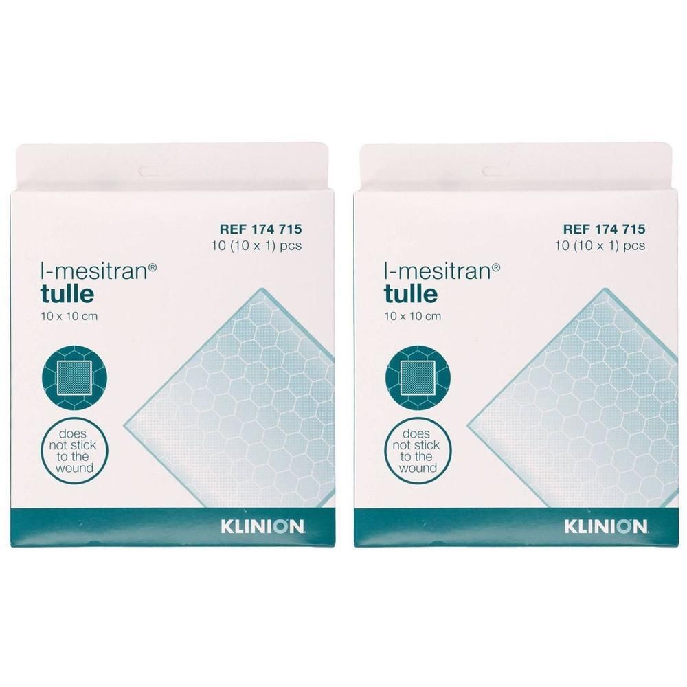 Deux paquets de tulle L-Mesitran, 10x10 cm. Marque Klinion.