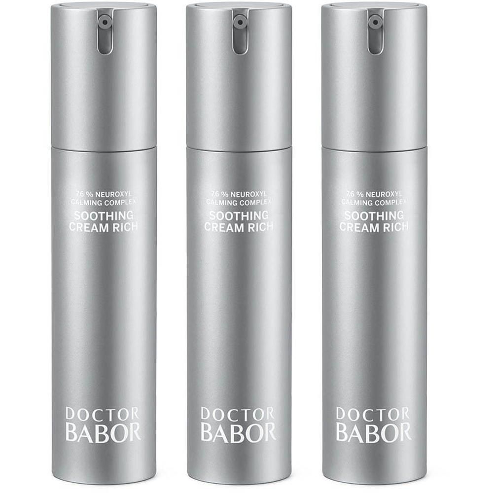 Drie zilveren pompflesjes met Doctor Babor Soothing Cream Rich.