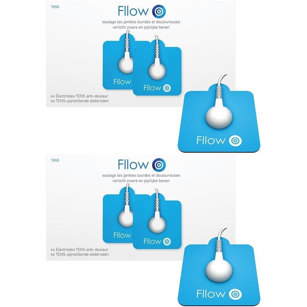 Vier blauwe TENS-elektroden met witte aansluitkabel, elk met 'Fllow'-logo.