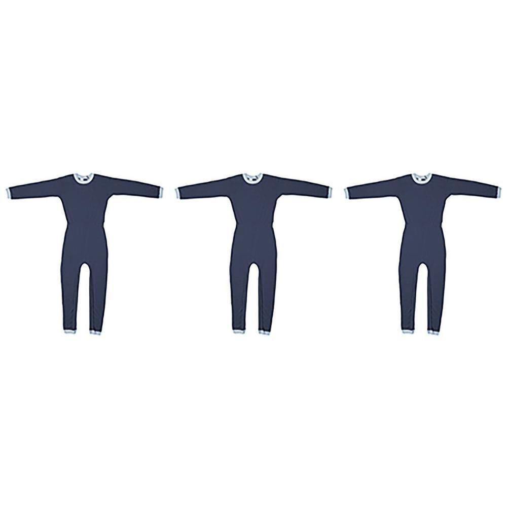 Trois combinaisons bleues foncées intégrales à manches longues et poignets blancs. Taille unique.