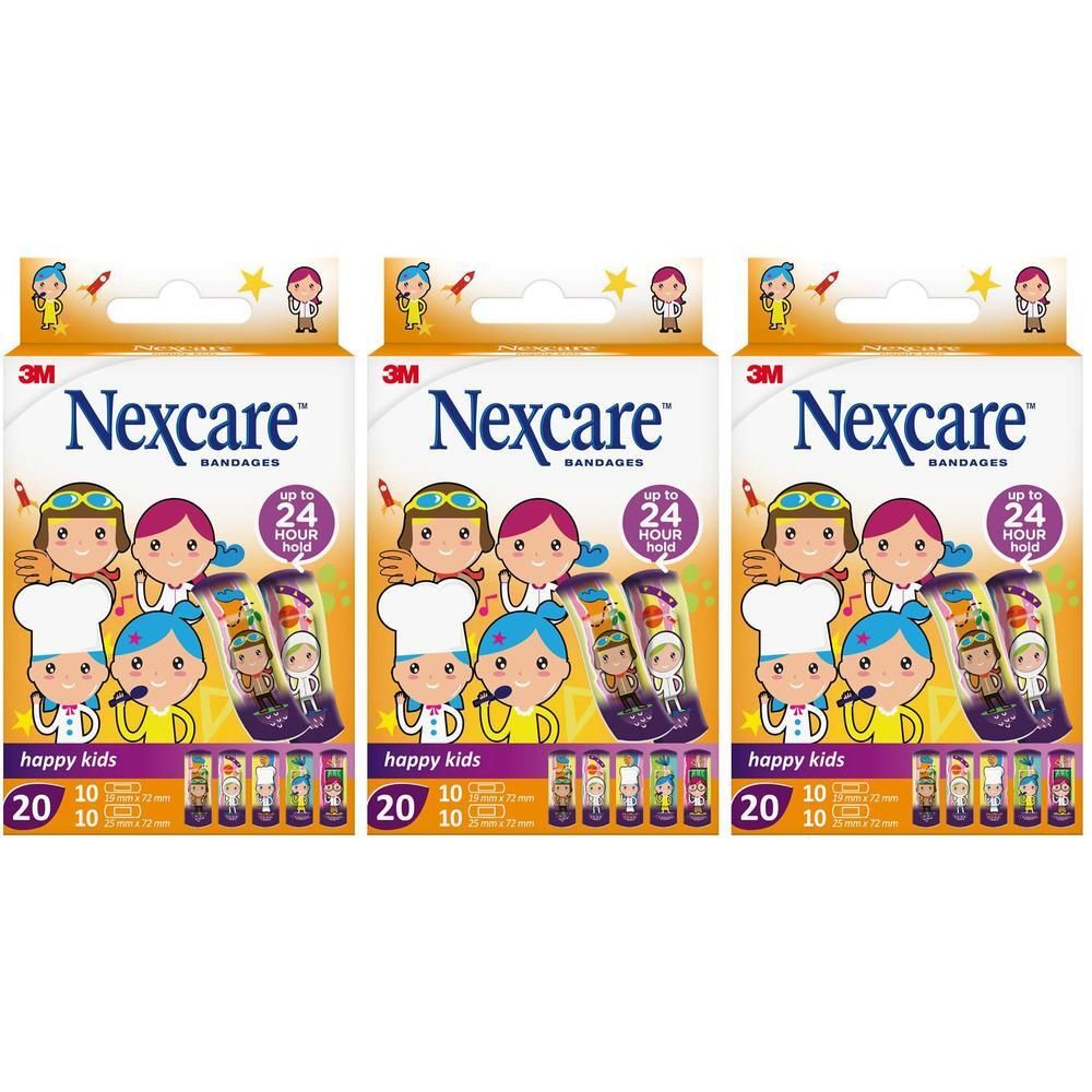 Trois boîtes de pansements Nexcare Happy Kids avec motifs enfantins.