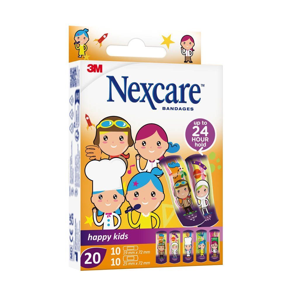 Een pak Nexcare Happy Kids pleisters met kinderlijke ontwerpen, 20 stuks.