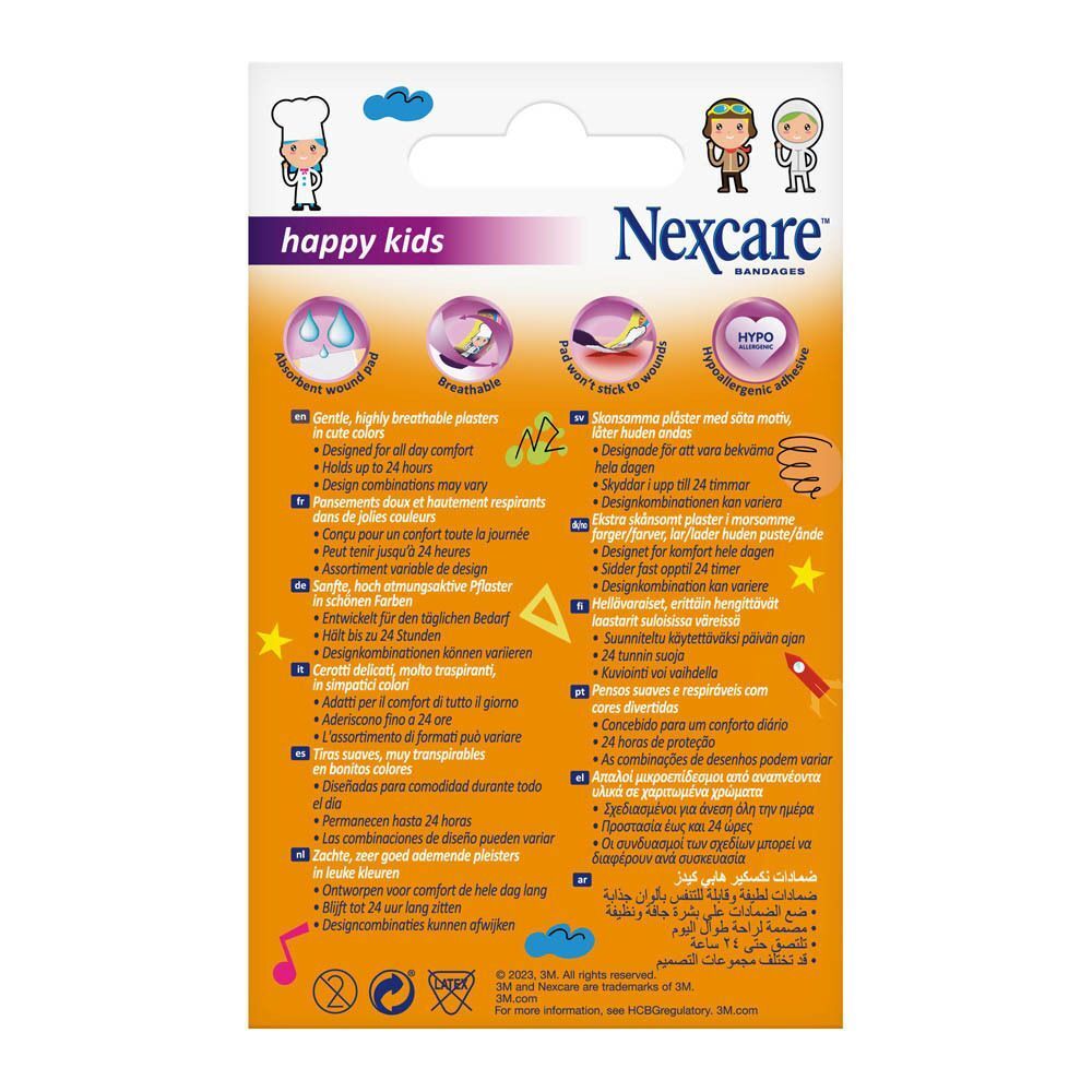 Achterkant van een pak Nexcare Happy Kids pleisters met productinformatie.