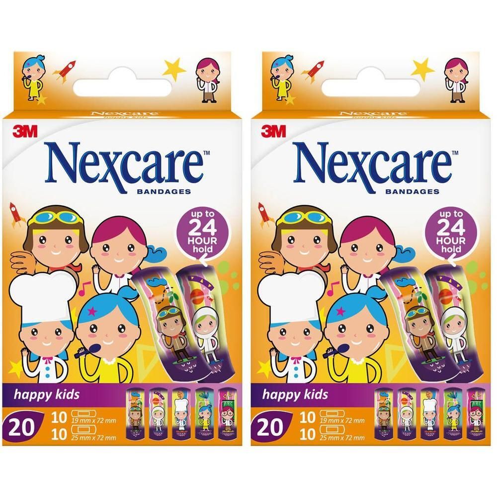 Doos met 20 Nexcare Happy Kids pleisters in diverse beroepen-designs.